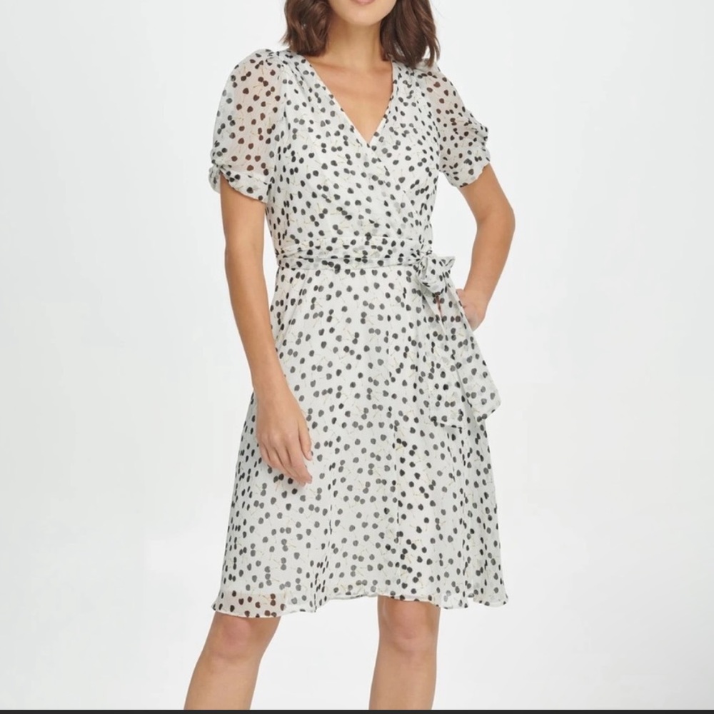 DKNY Knot Puff Sleeve V-Neck Fit & Flare Dress, White, 10